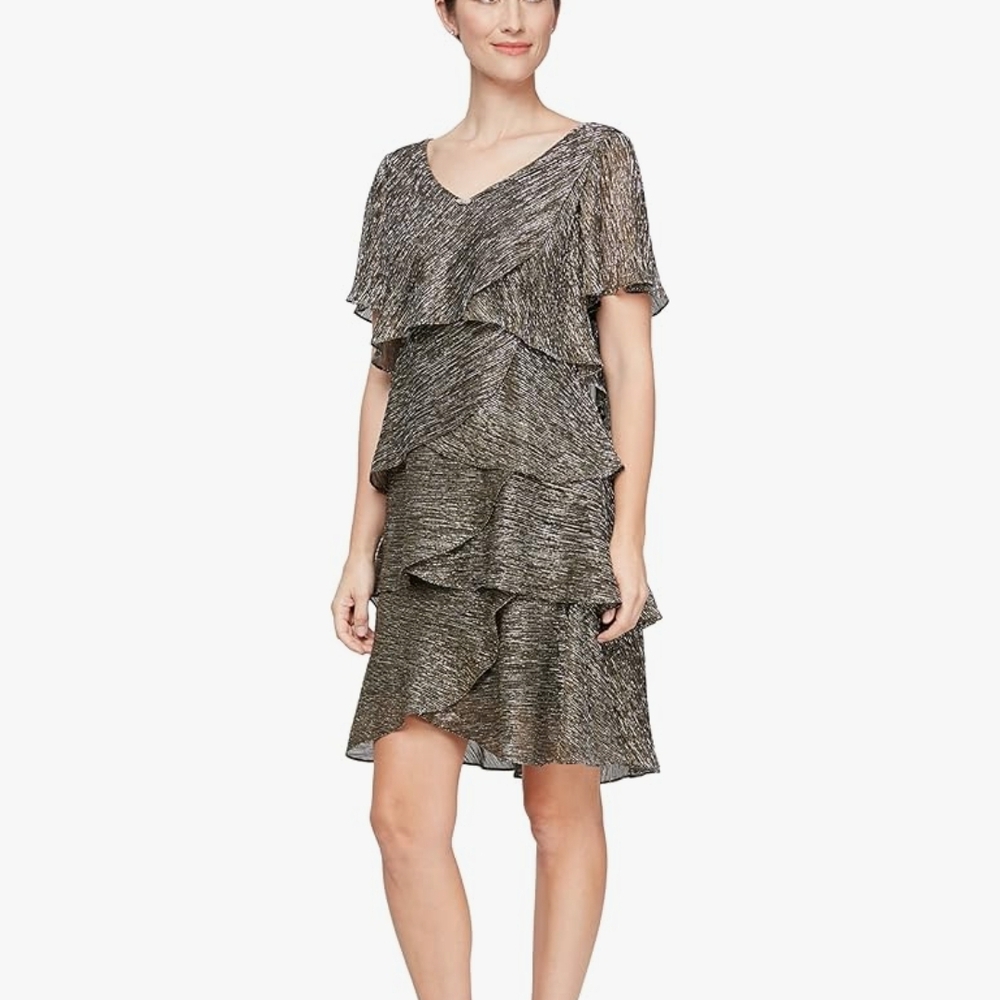 SLNY Metallic Gold and Black Tiered Boudre Dress-Size 8